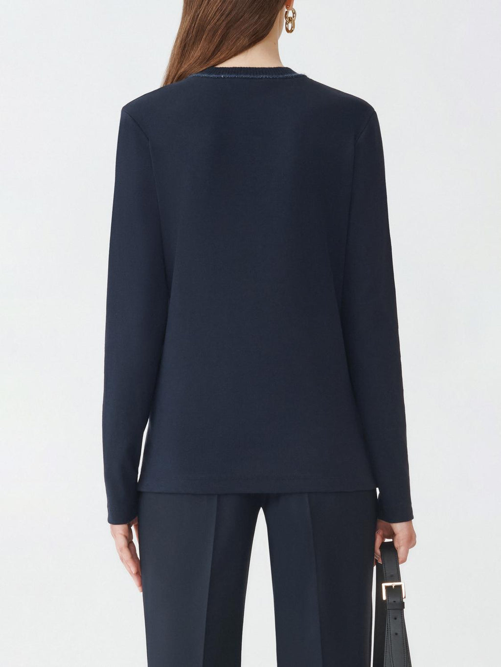 Fabiana Filippi Ribbed Jersey Long Sleeve T-Shirt with Knit Collar - Blue