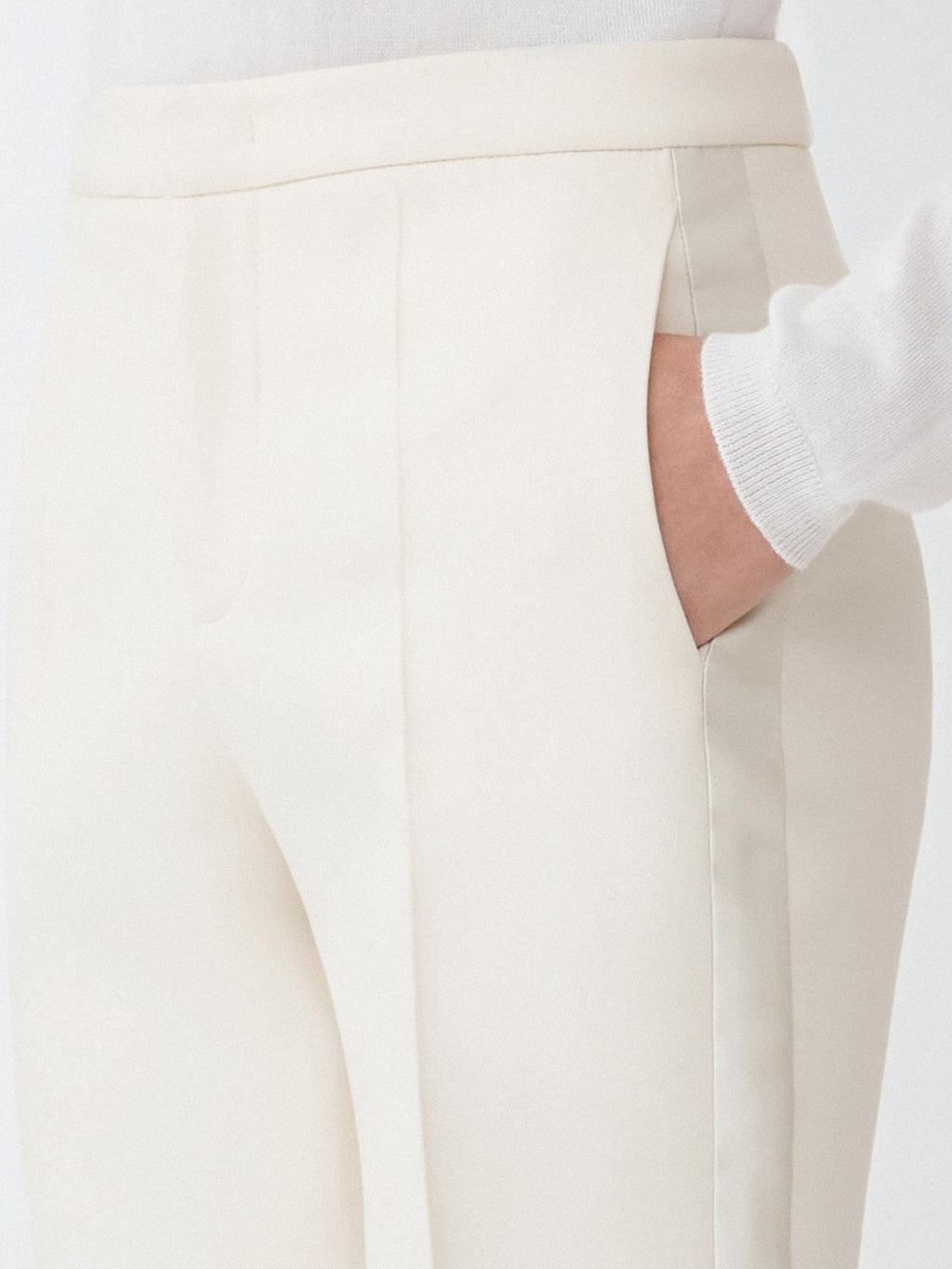 Fabiana Filippi Wool Silk Crepe Regular Fit Trousers with Tuxedo Side Bands - Ivory