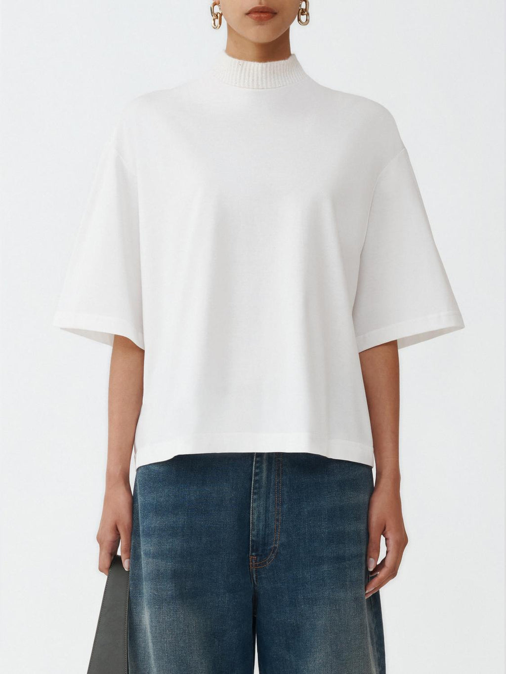Fabiana Filippi Short Sleeve T-Shirt with Sequin Mock Collar - White