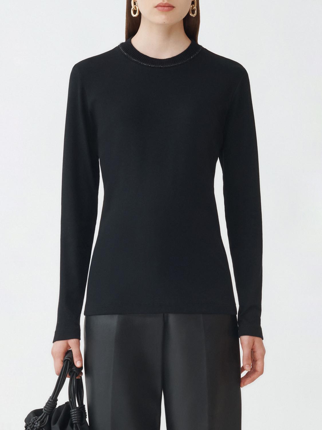 Fabiana Filippi Ribbed Jersey Long Sleeve T-Shirt with Knit Collar - Black