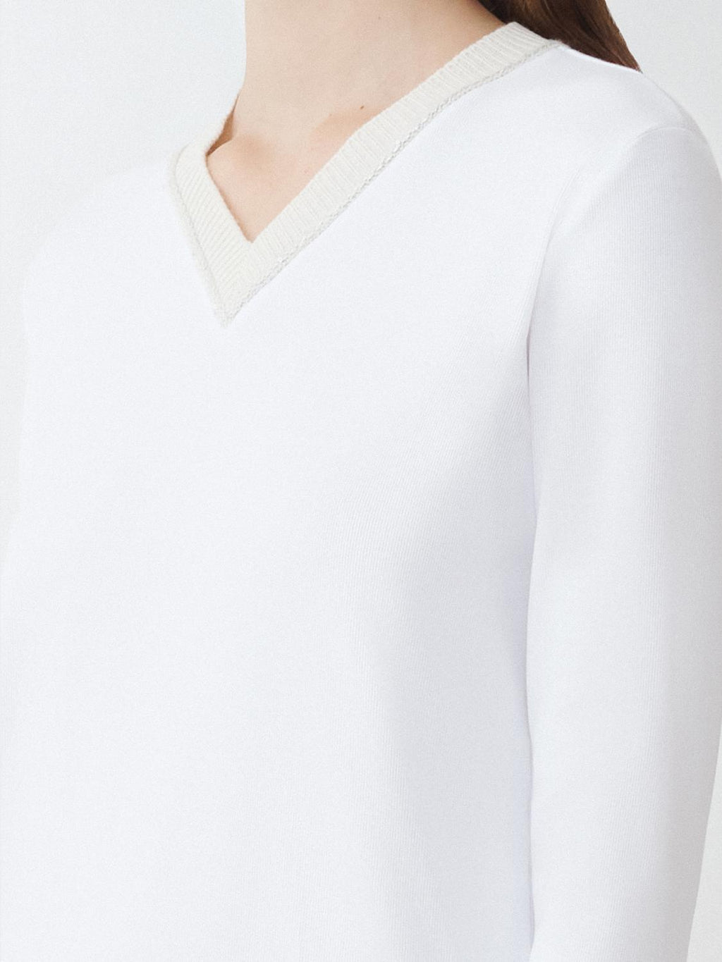 Fabiana Filippi Ribbed Jersey Straight Fit V-Neck T-Shirt with Knit Collar - White