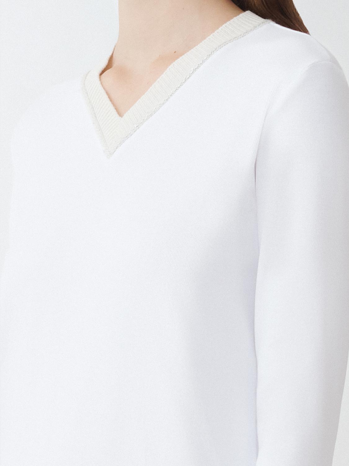 Fabiana Filippi Ribbed Jersey Straight Fit V-Neck T-Shirt with Knit Collar - White