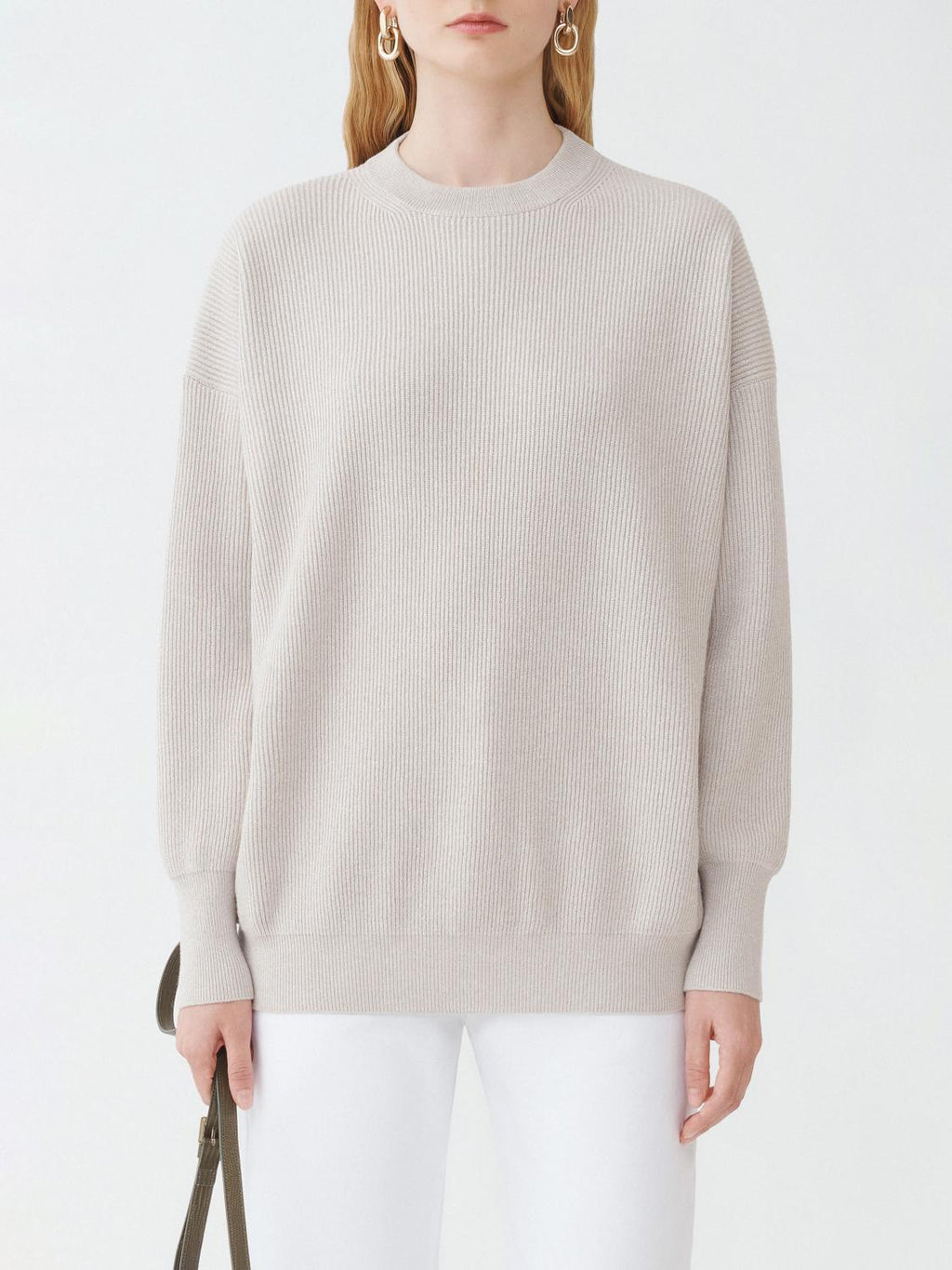 Fabiana Filippi Lurex Platinum English Rib Crew Neck Sweater - Grey