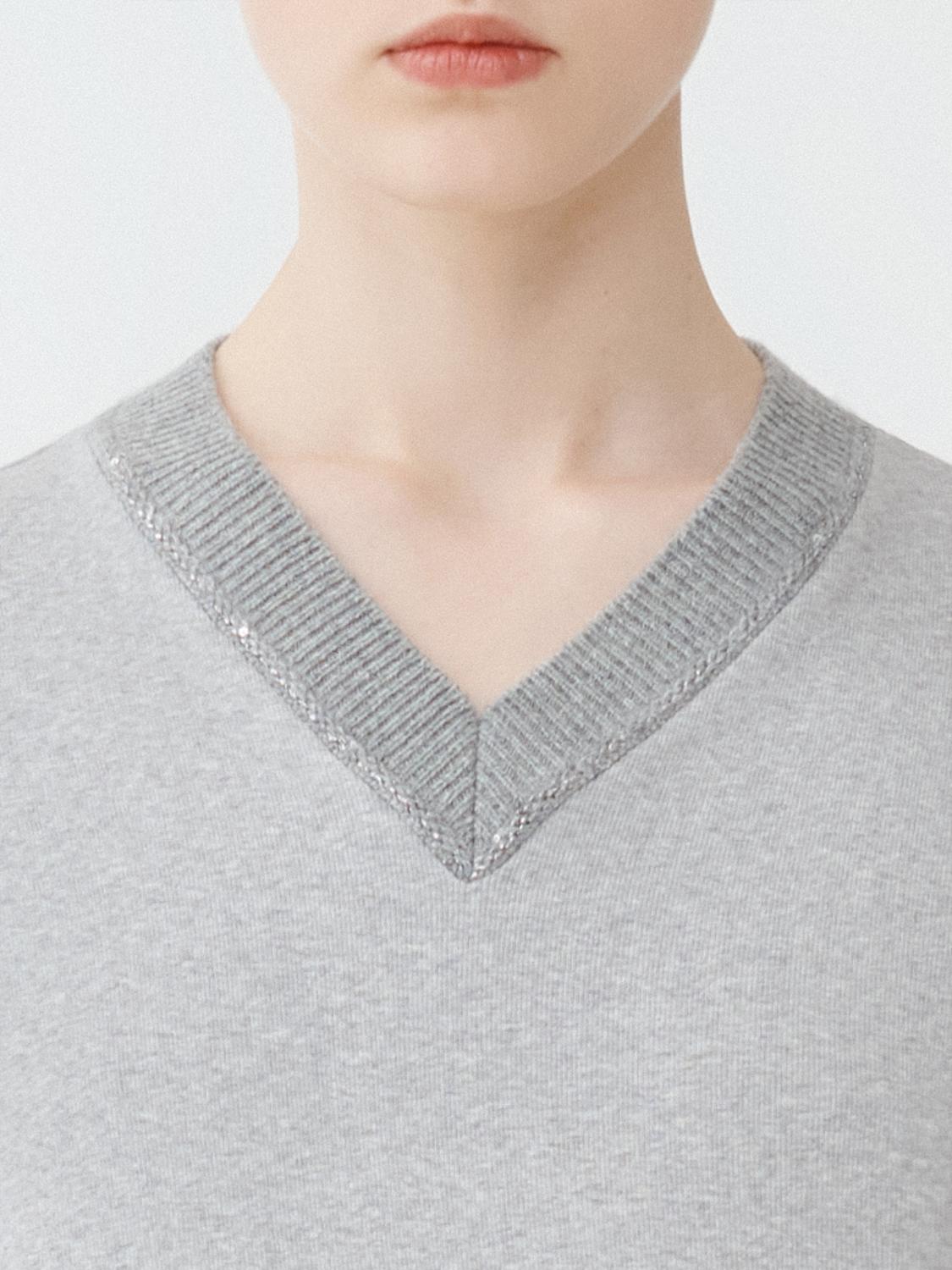 Fabiana Filippi Ribbed Jersey Straight Fit V-Neck T-Shirt with Knit Collar - Grey