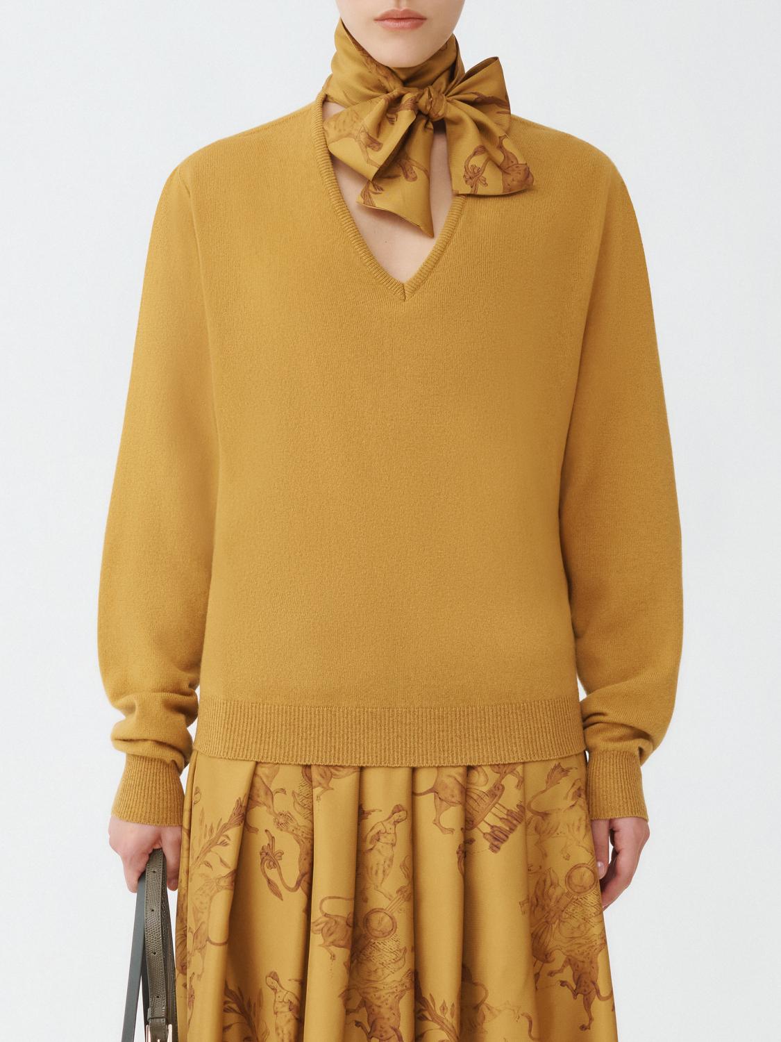 Fabiana Filippi V-Neck Platinum Sweater with Printed Twill Scarf - Yellow