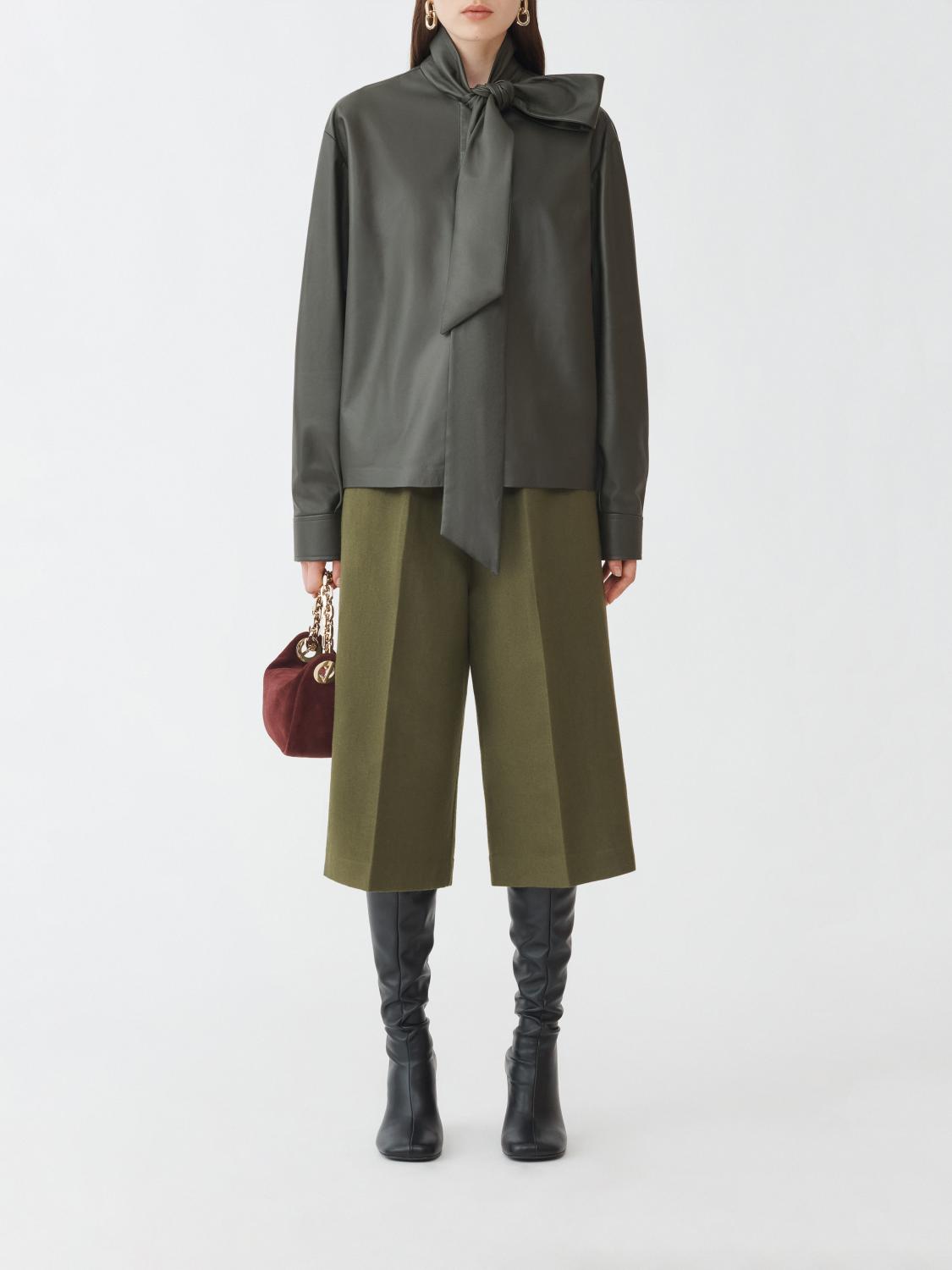 Fabiana Filippi Leather Shirt with Bow Detail on Collar - Olive Green