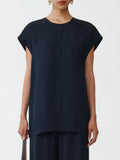 Fabiana Filippi Viscose Satin Top with Back V-Neck and Filo Diamante - Blue