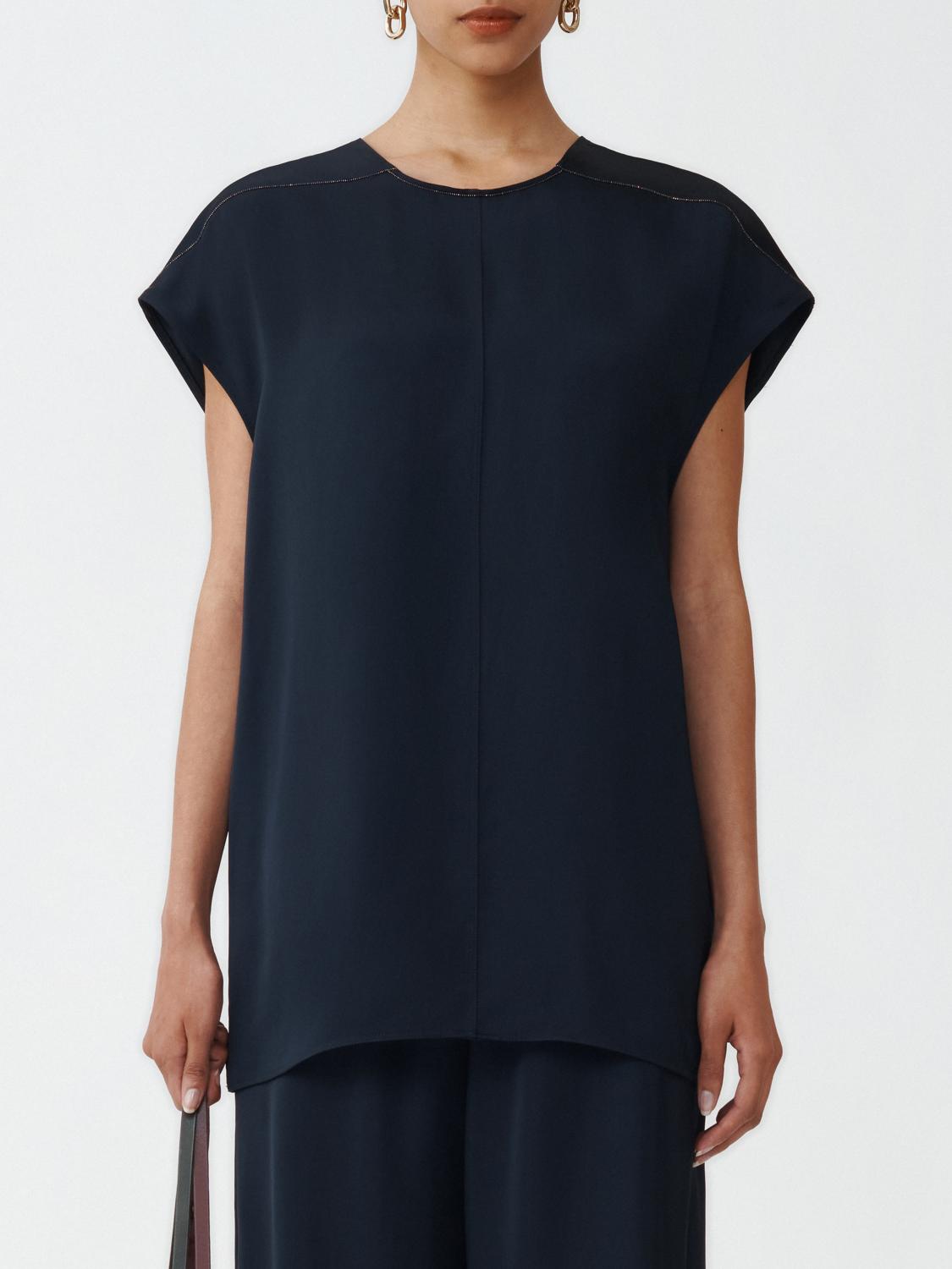 Fabiana Filippi Viscose Satin Top with Back V-Neck and Filo Diamante - Blue
