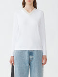 Fabiana Filippi Ribbed Jersey Straight Fit V-Neck T-Shirt with Knit Collar - White