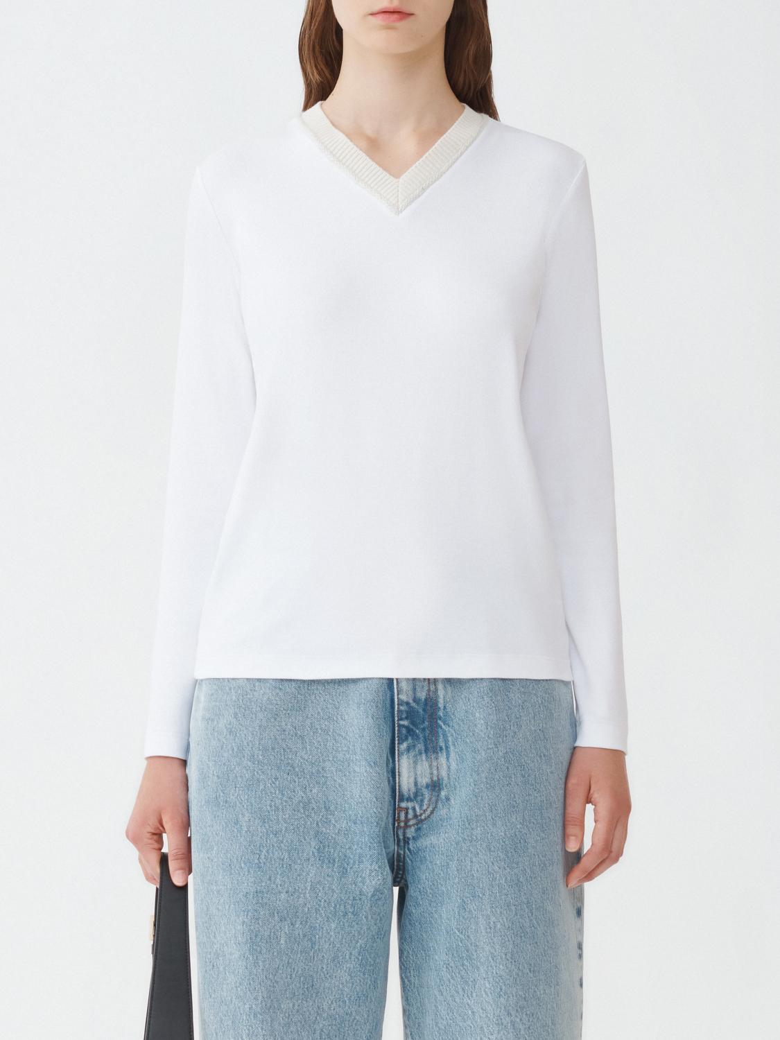 Fabiana Filippi Ribbed Jersey Straight Fit V-Neck T-Shirt with Knit Collar - White