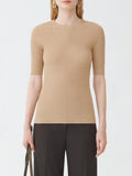 Fabiana Filippi Ribbed Crew Neck Lurex Platinum Sweater with 3/4 Sleeve - Camel