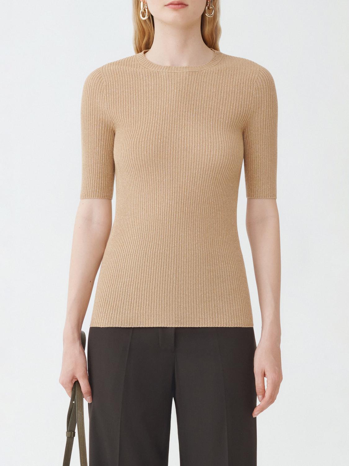 Fabiana Filippi Ribbed Crew Neck Lurex Platinum Sweater with 3/4 Sleeve - Camel