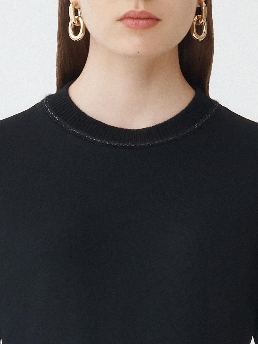 Fabiana Filippi Ribbed Jersey Long Sleeve T-Shirt with Knit Collar - Black
