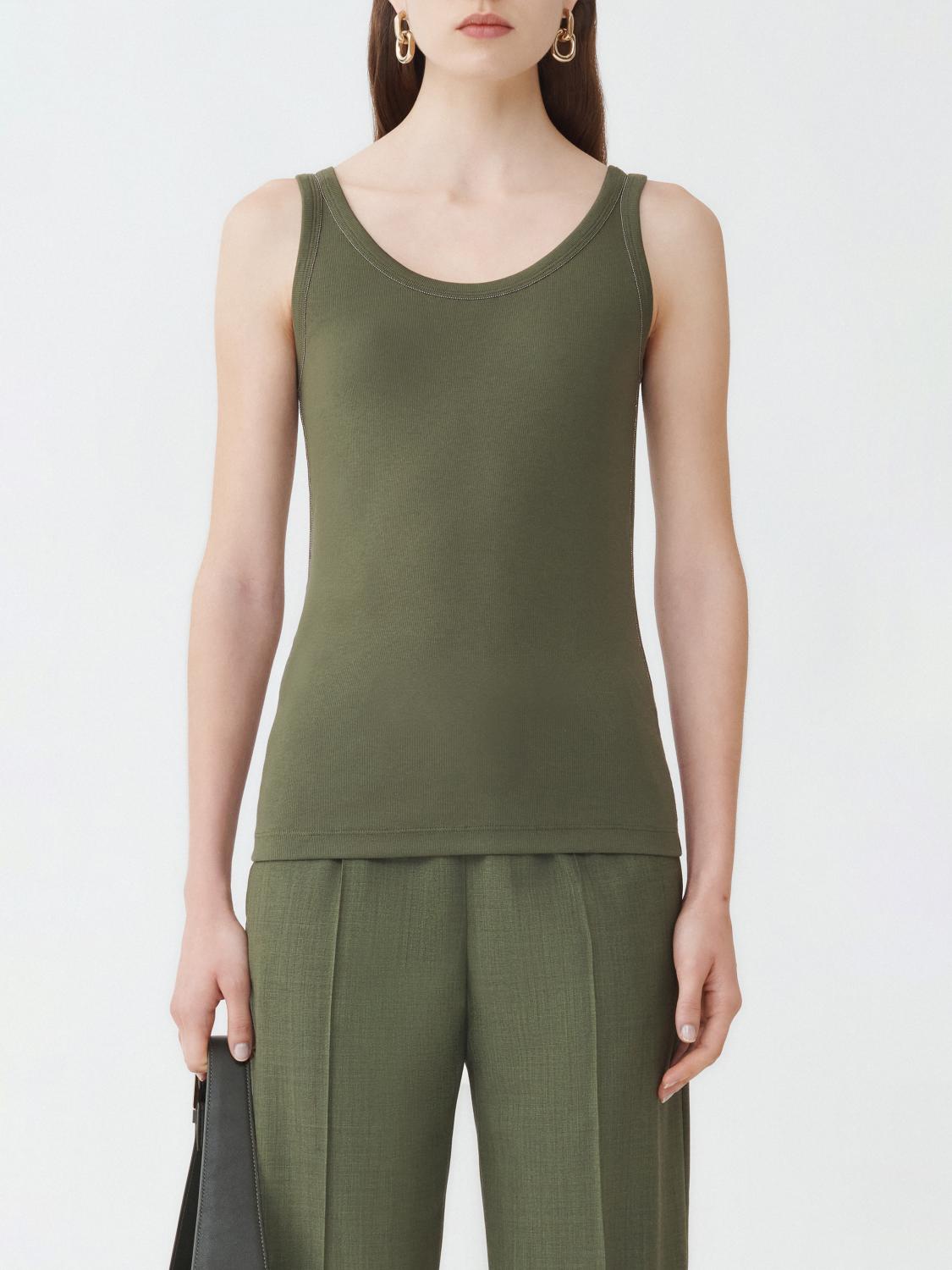 Fabiana Filippi Ribbed Jersey Tank Top with Filo Diamante - Olive Green