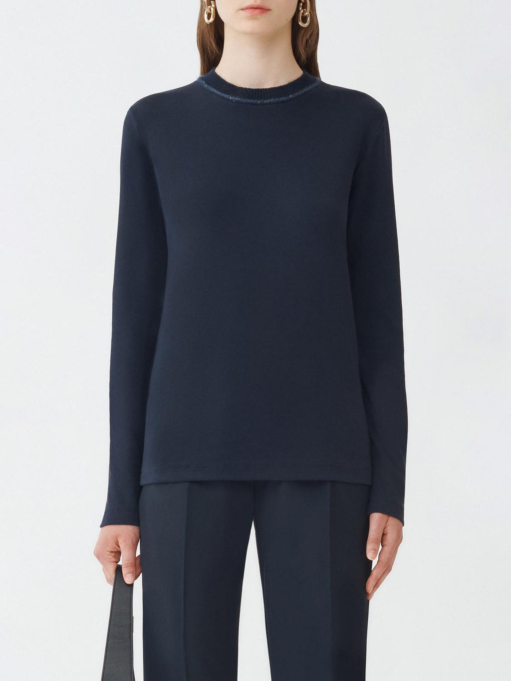 Fabiana Filippi Ribbed Jersey Long Sleeve T-Shirt with Knit Collar - Blue