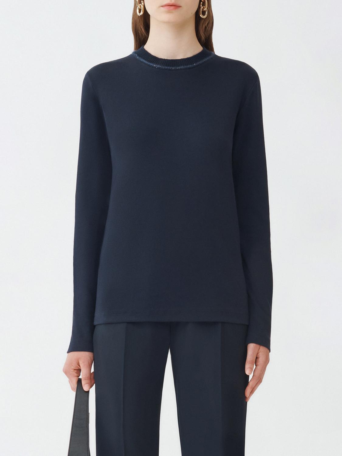Fabiana Filippi Ribbed Jersey Long Sleeve T-Shirt with Knit Collar - Blue