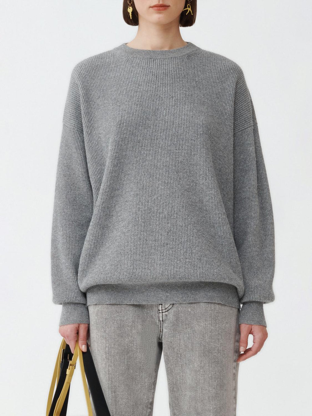 Fabiana Filippi Lurex Platinum English Rib Crew Neck Sweater - Grey