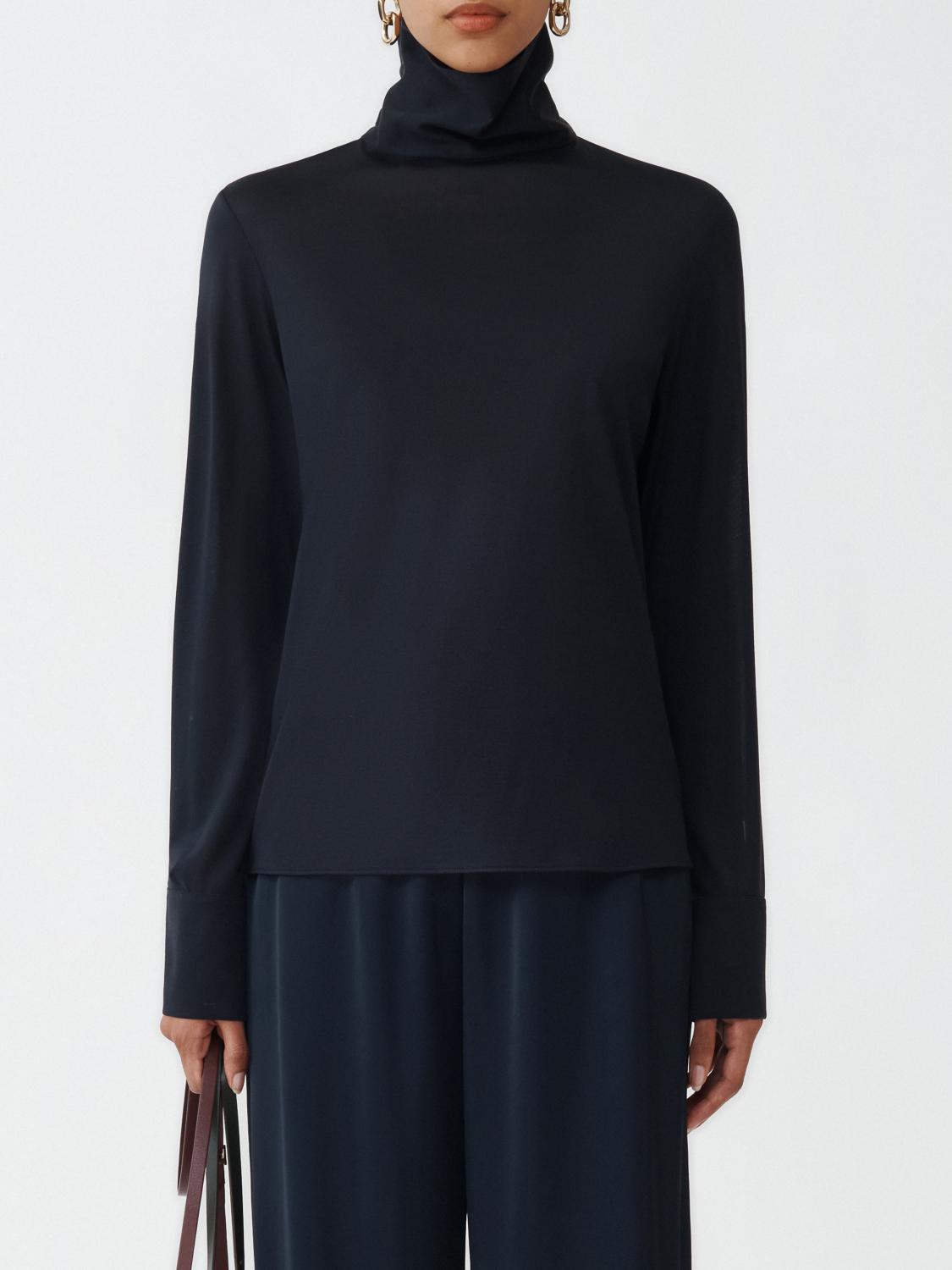 Fabiana Filippi Long Sleeve T-Shirt with Folded Collar and Shoulder Opening - Dark Blue
