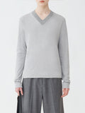 Fabiana Filippi Ribbed Jersey Straight Fit V-Neck T-Shirt with Knit Collar - Grey