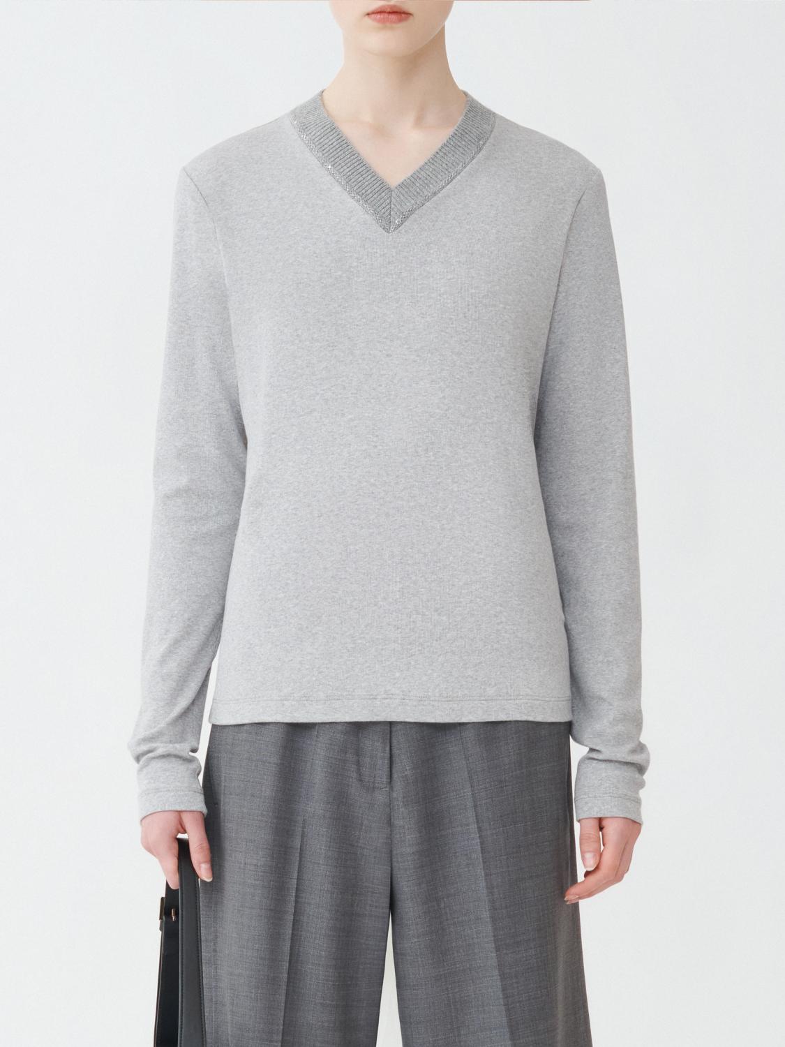 Fabiana Filippi Ribbed Jersey Straight Fit V-Neck T-Shirt with Knit Collar - Grey