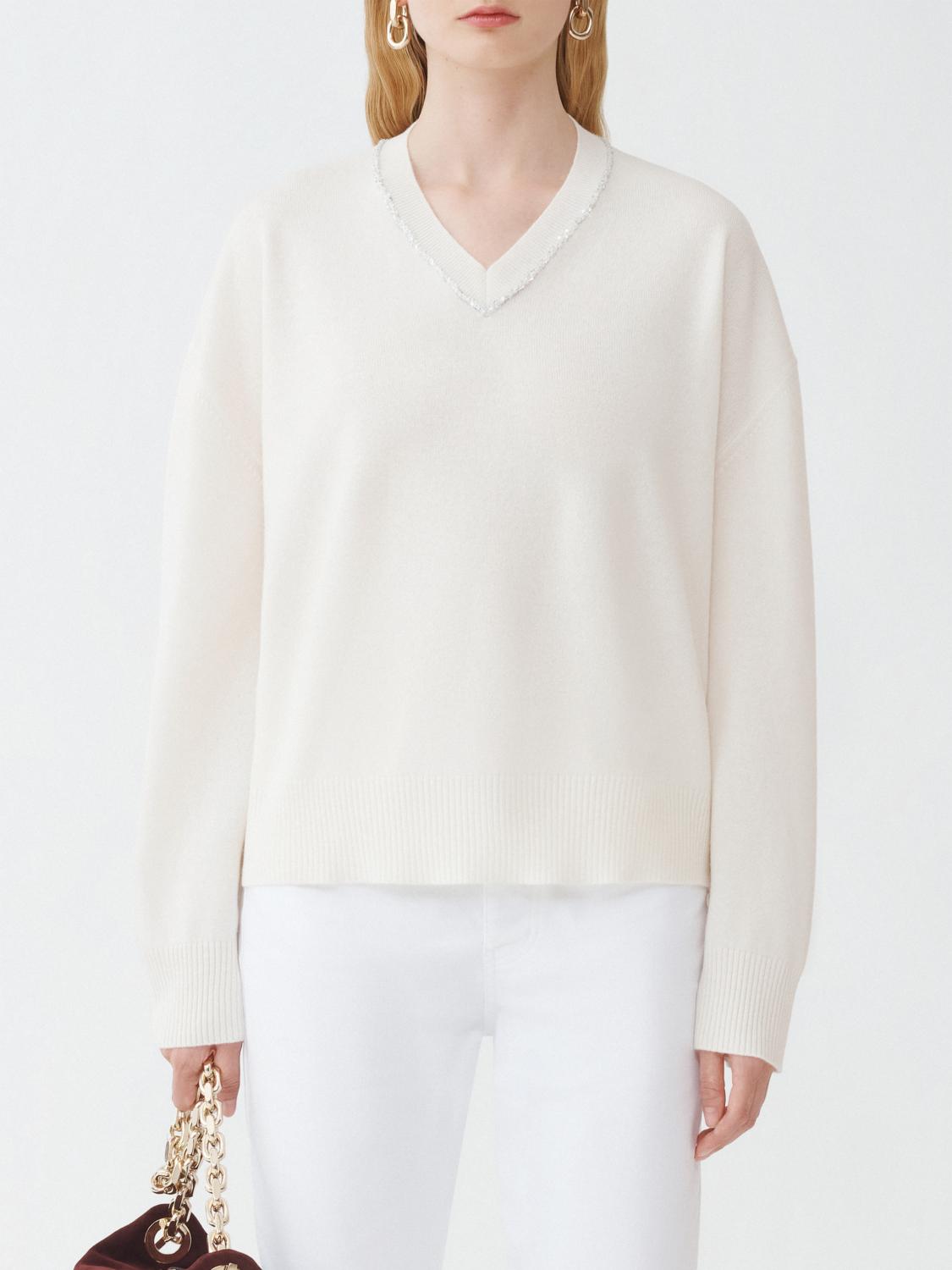 Fabiana Filippi V-Neck Sweater with Sequin Trim Detail - Cream