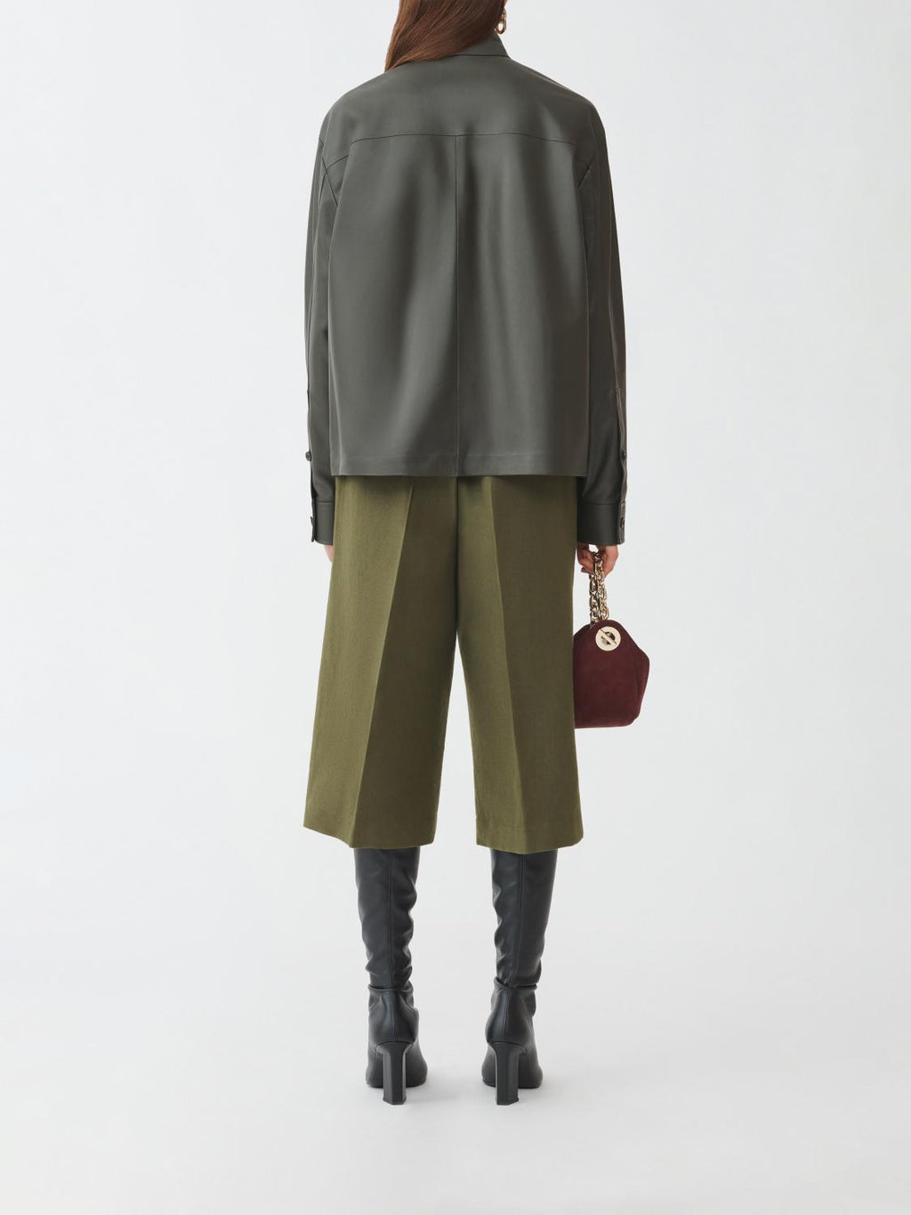Fabiana Filippi Leather Shirt with Bow Detail on Collar - Olive Green