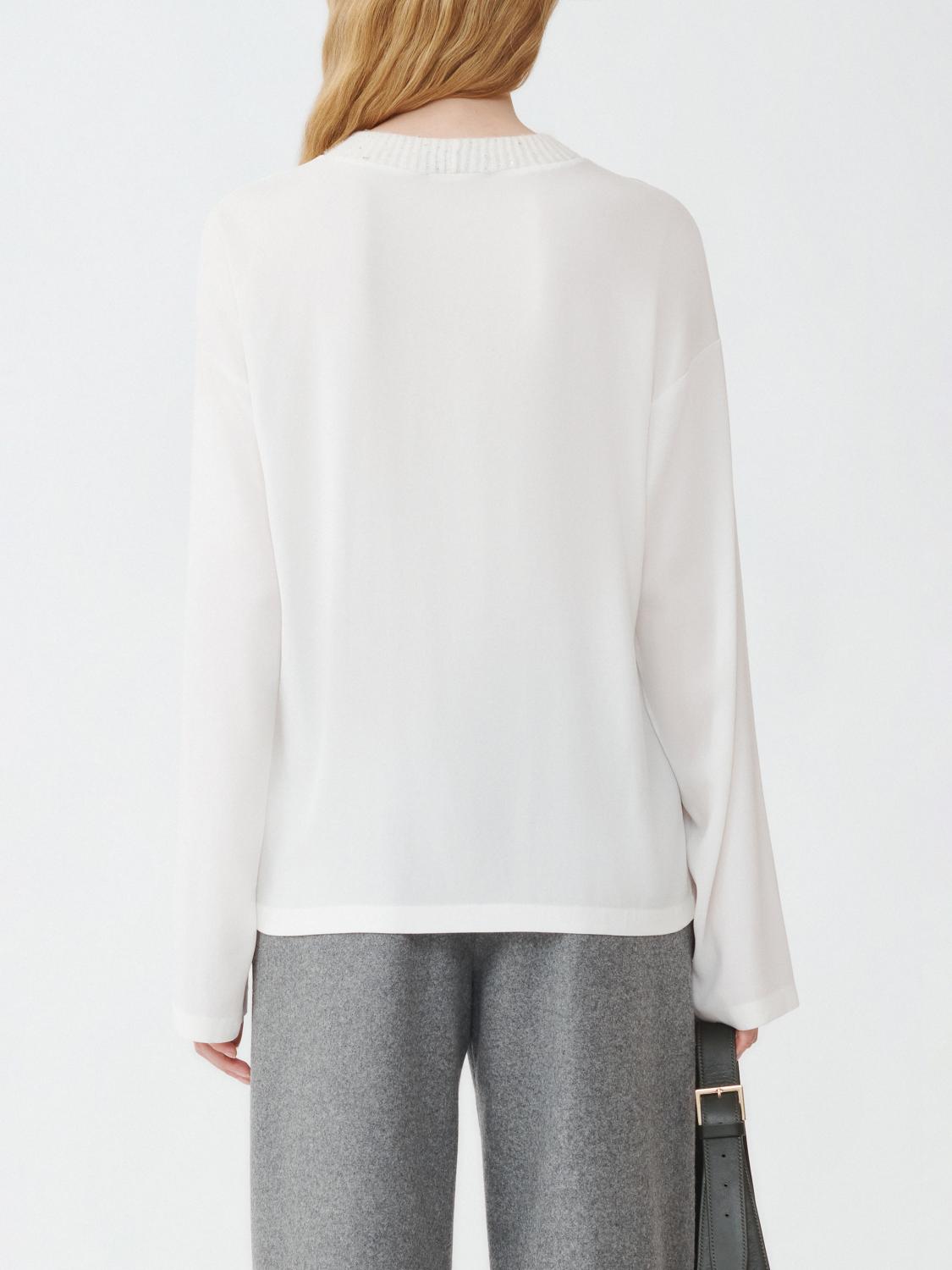 Fabiana Filippi Sablé Long Sleeve Top with Sequin Mock Collar - White