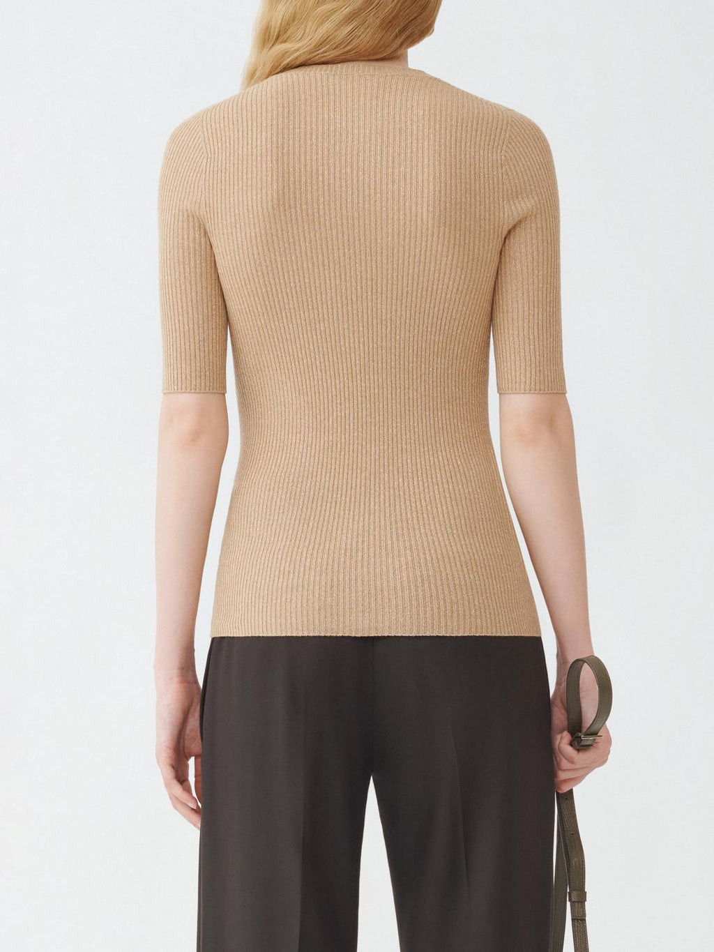 Fabiana Filippi Ribbed Crew Neck Lurex Platinum Sweater with 3/4 Sleeve - Camel