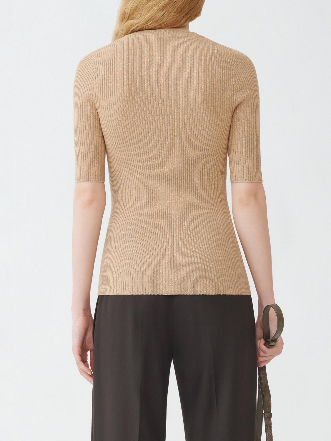 Fabiana Filippi Ribbed Crew Neck Lurex Platinum Sweater with 3/4 Sleeve - Camel