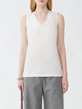 Fabiana Filippi Sablé V-Neck Top with Filo Diamante -White