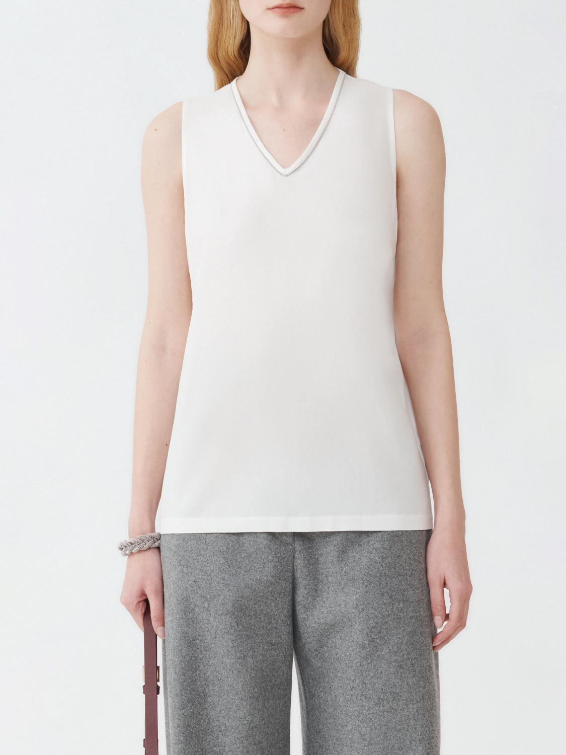 Fabiana Filippi Sablé V-Neck Top with Filo Diamante -White