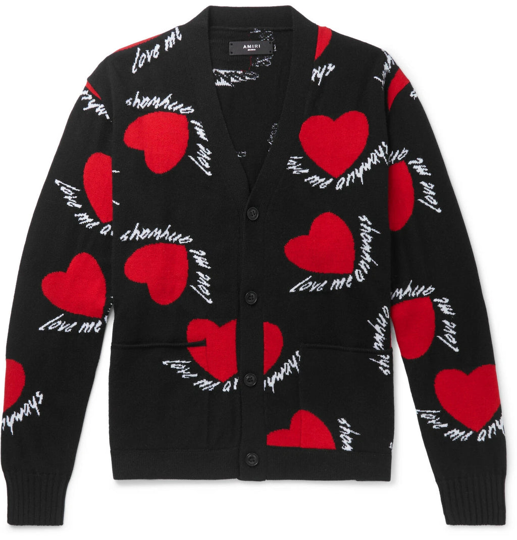Amiri Hearts Intarsia Cardigan Sweater- Black