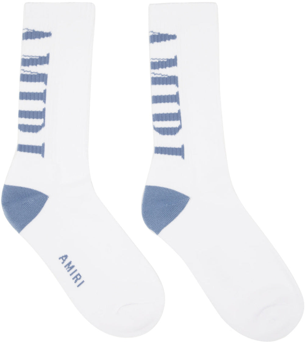 Amiri Vertical Logo Socks in White/Dusty Blue